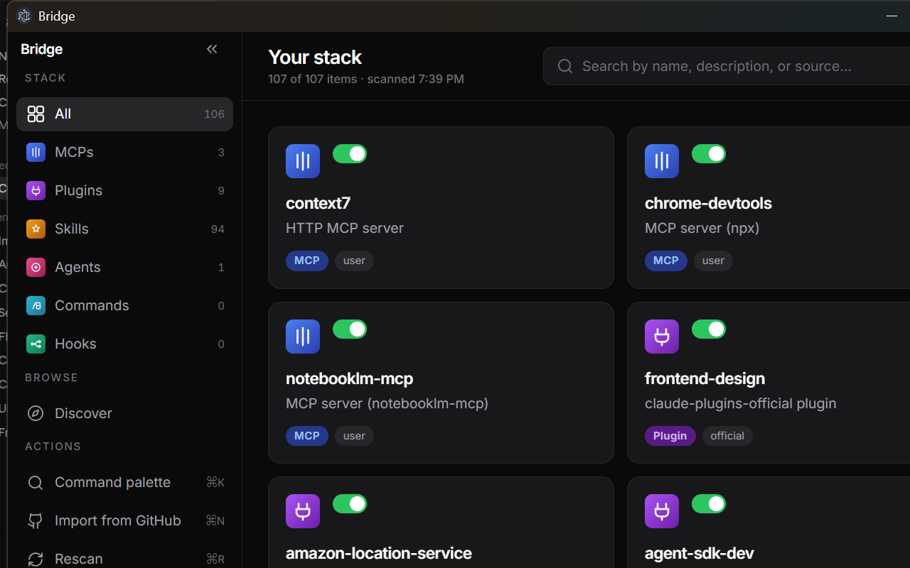 Bridge dashboard showing 107 items across MCPs, Plugins, Skills, Agents, Commands, and Hooks